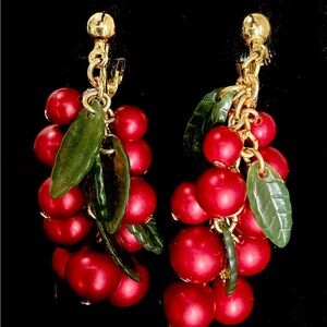 Avon Happy Holiday Drop & Dangle Gold and Red Cherry Dangle Earrings Clip-on